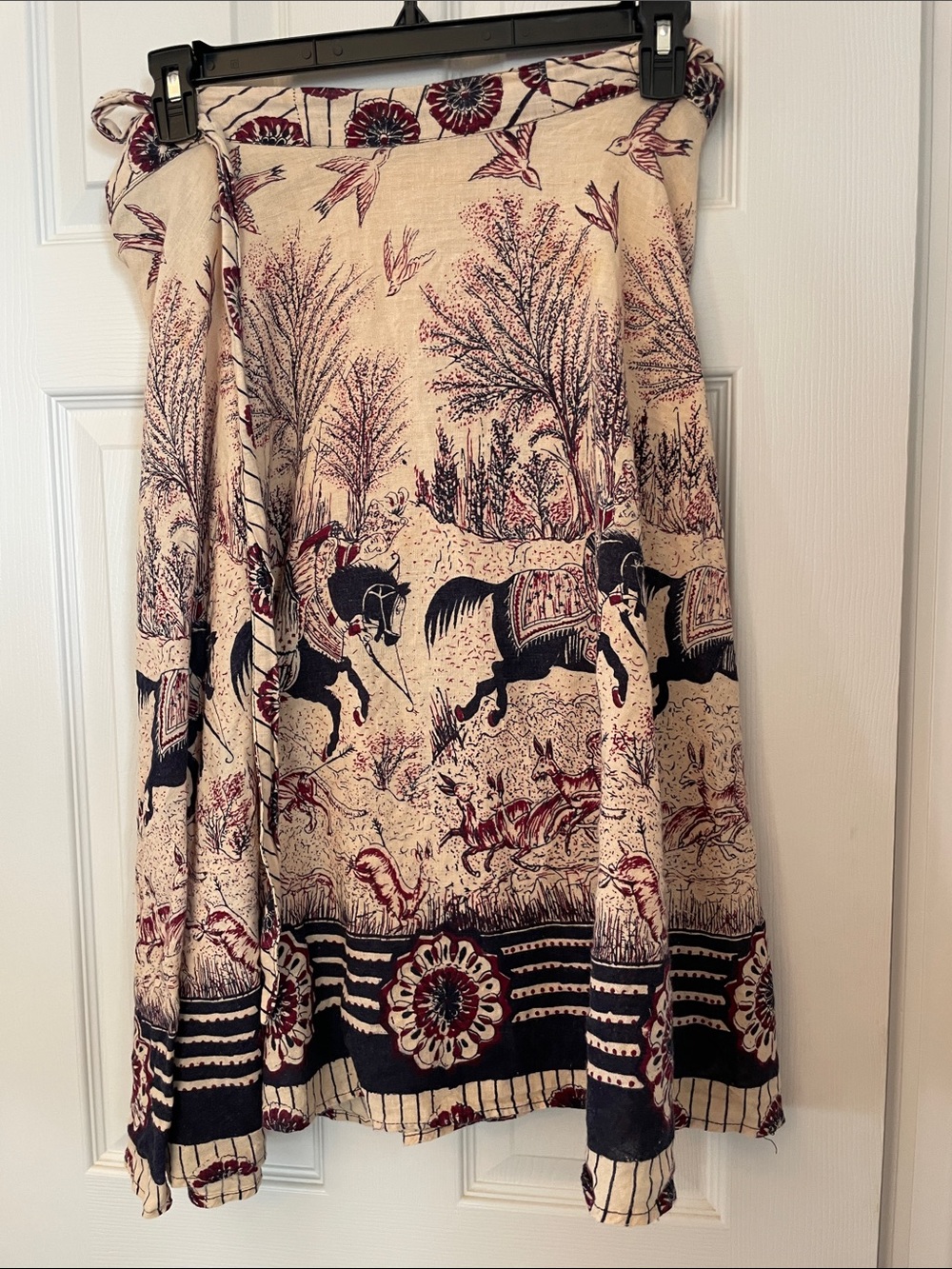 Vintage Boho Wrap Skirt with Equestrian Print - Cream and Black
